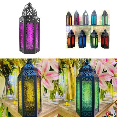 F26C Village Style Wrought Iron Candle Holder Glass Wind Lantern Hanging Lanterns