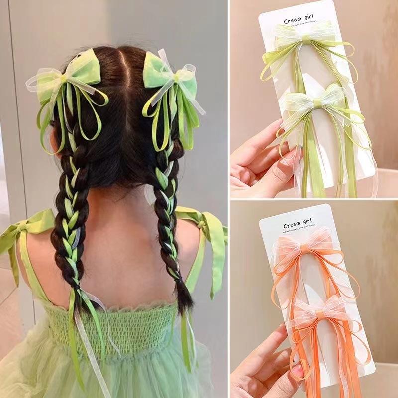 2Pcs  Korean Ribbon Bow Braid Hair Hair Pin Girls Sweet Princess Tassel Bow Barrettes Headwear Girls Kids Hair Accessories