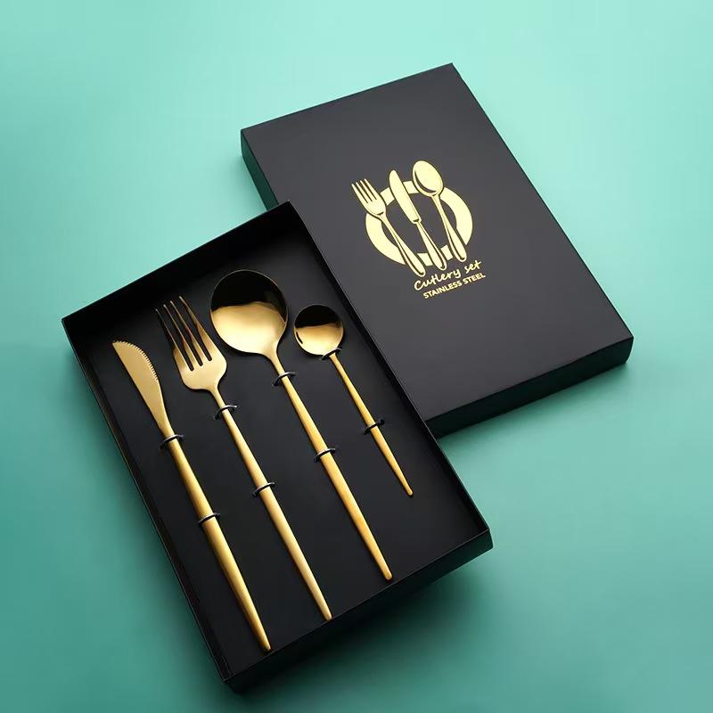 tableware 410 stainless steel, knife, table fork, table spoon, kitchen utensils, Portuguese-style, green and gold 4-piece set