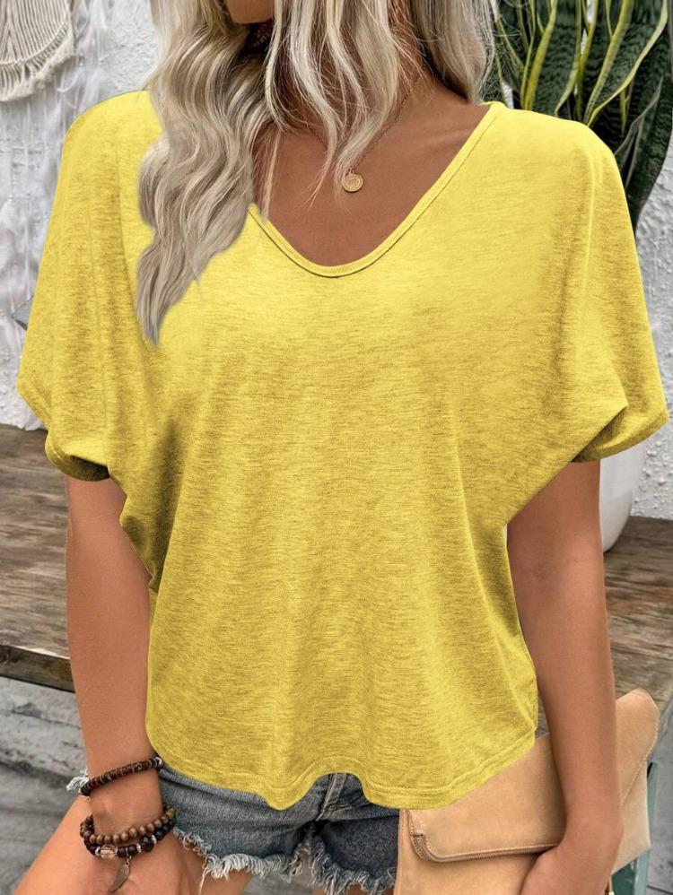 European-American Style New V-Neck Pleated T-Shirt Loose Fit Short Sleeves Candy Colors