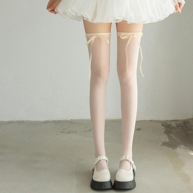 Japanese Cute Lace Up Silk Over Knee Long Socks for Women JK Girl Sweet Ribbon Bowknot Thin Thigh High Stockings Hosiery