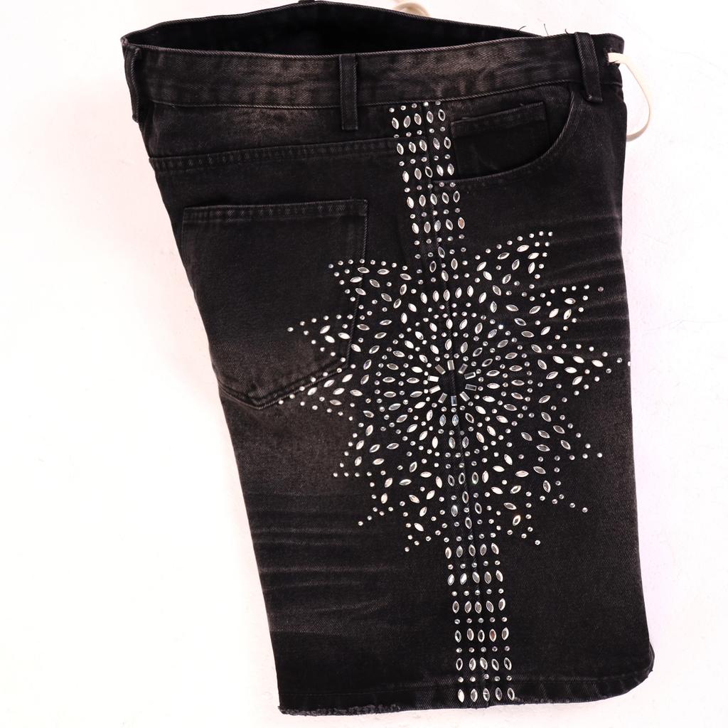 Men's Side Gradient Rhinestone Denim Shorts, Vintage Hip Hop Street Loose Drawstring Knee Length Shorts
