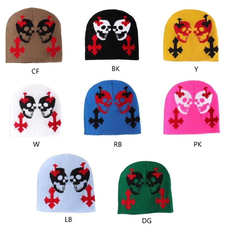 Knit Double Skull Beanie Hat for Students Adult Windproof Foldable Winter Hat Handmade Halloween Keep Warm Cycling Hat