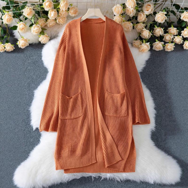 Autumn Winter Women's 2025 Solid Color Casual Loose Knitted Cardigan Jacket Thick Needle Long Sweater