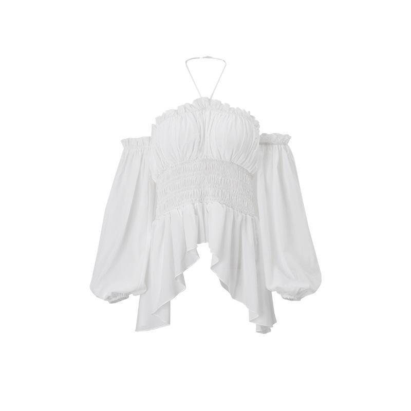 Frühling neue sexy one-shoulder plissierter Rüschenrand figurbetont Laternenärmel langes Ärmel Hals Oberteil Damen