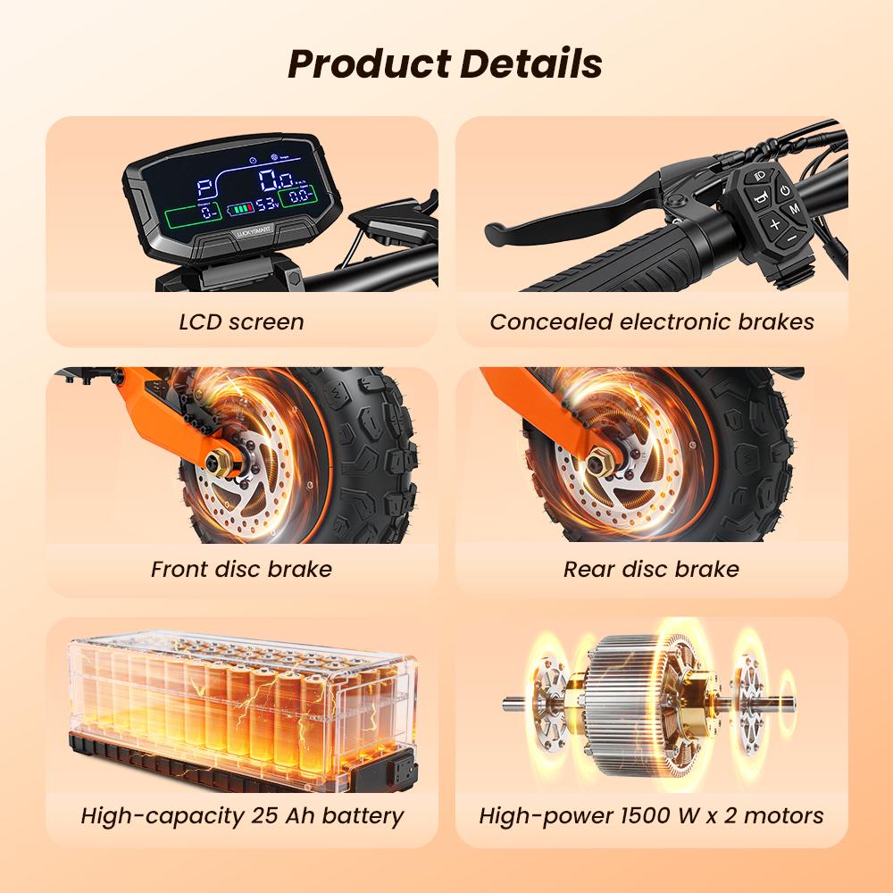 W12 Elektroroller 1500W*2 Doppelmotor 25Ah Akku 11'' Offroad-Reifen Doppelscheibenbremse Doppelfederung Geschwindigkeit 25KM/H Elektroroller