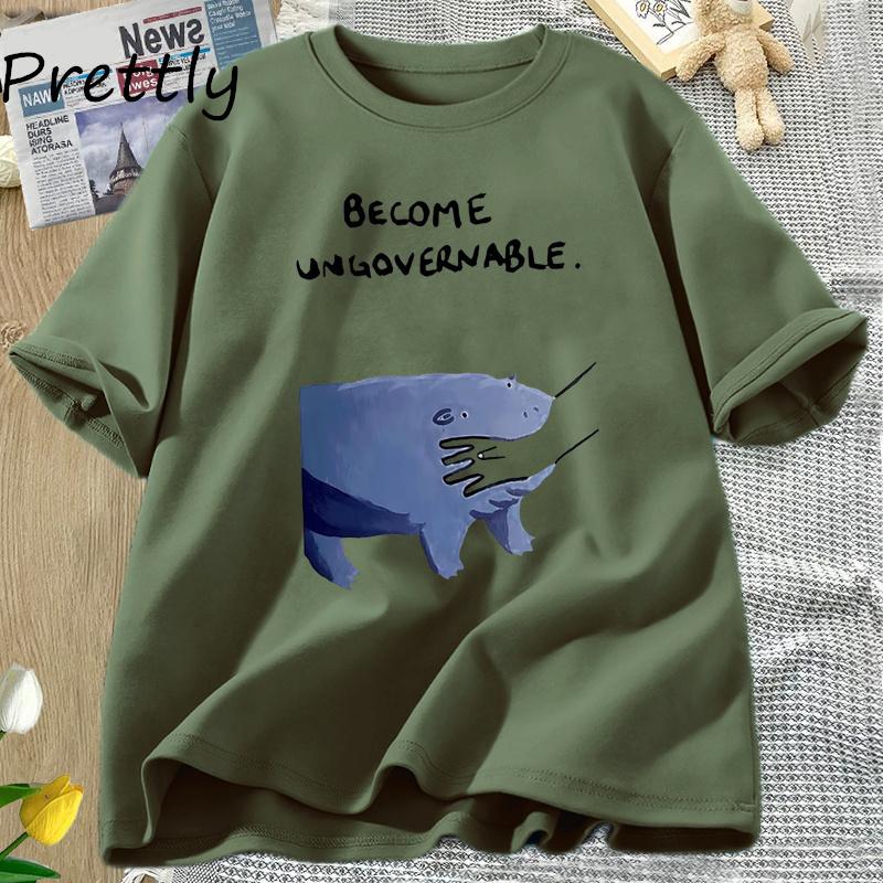 Werde Unregierbarer Nilpferd T-Shirt Moo Deng Design Lustiges Tier Grafik-T-Shirt Rebellischer Meme Humor T-Shirt Baumwolle Kurzarm Oberteil