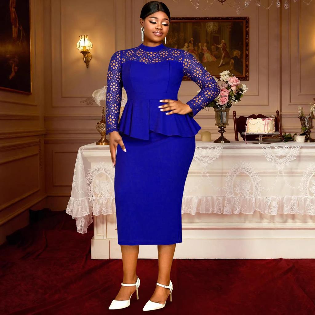 Elegant Plus Size Lace Dress with Ruffle Waist for Wedding Guests