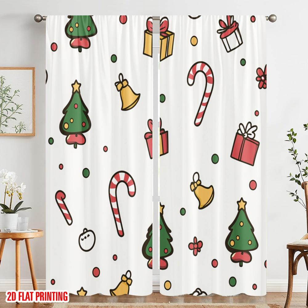 2pcs,2D Plane Printing Light Filtering Curtains Christmas Bells Candy Cane Tree Gift Durable Polyester (without Rod) Holiday for