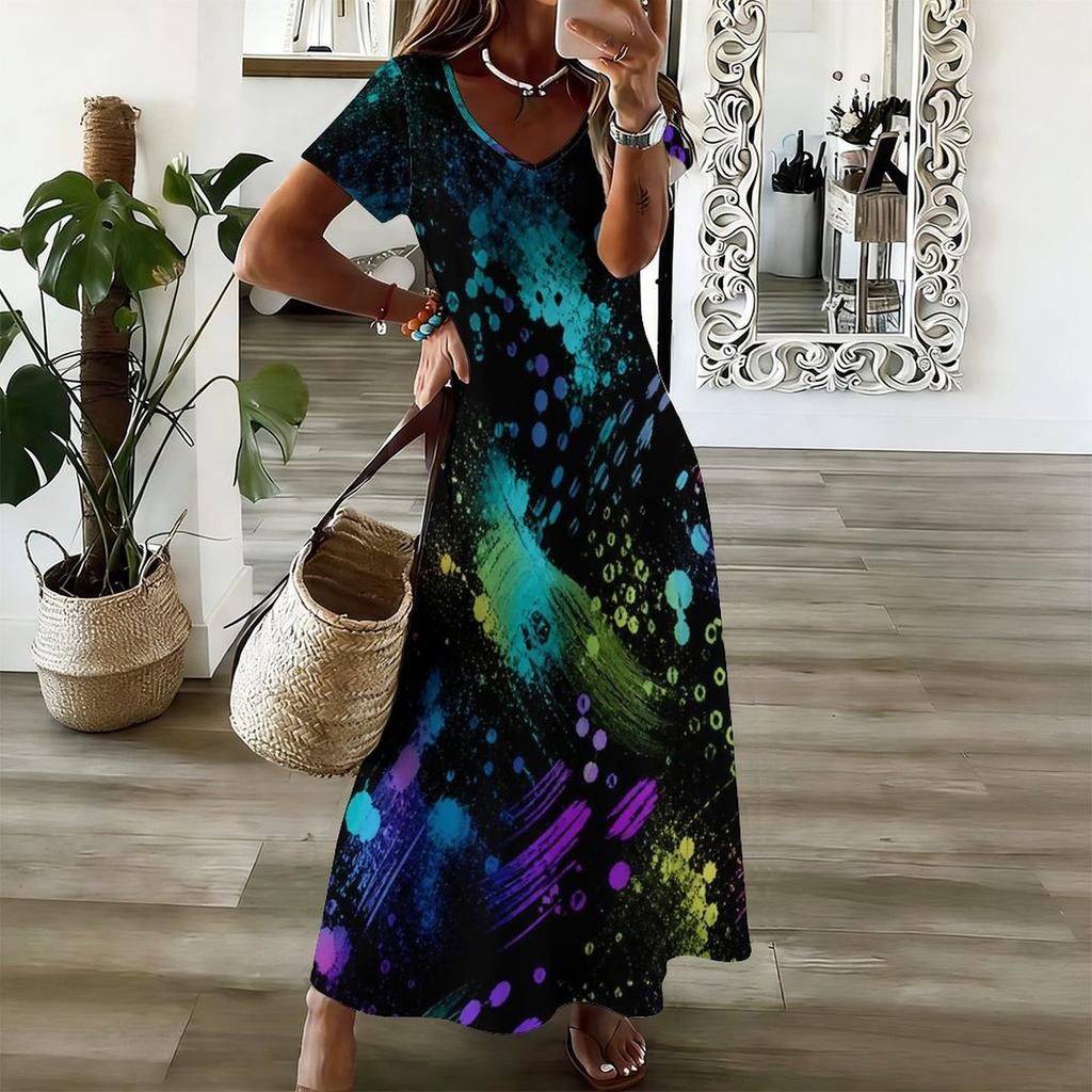Women Plus Size V Neck Short Sleeve Abstract Printed Straight Maxi Dress