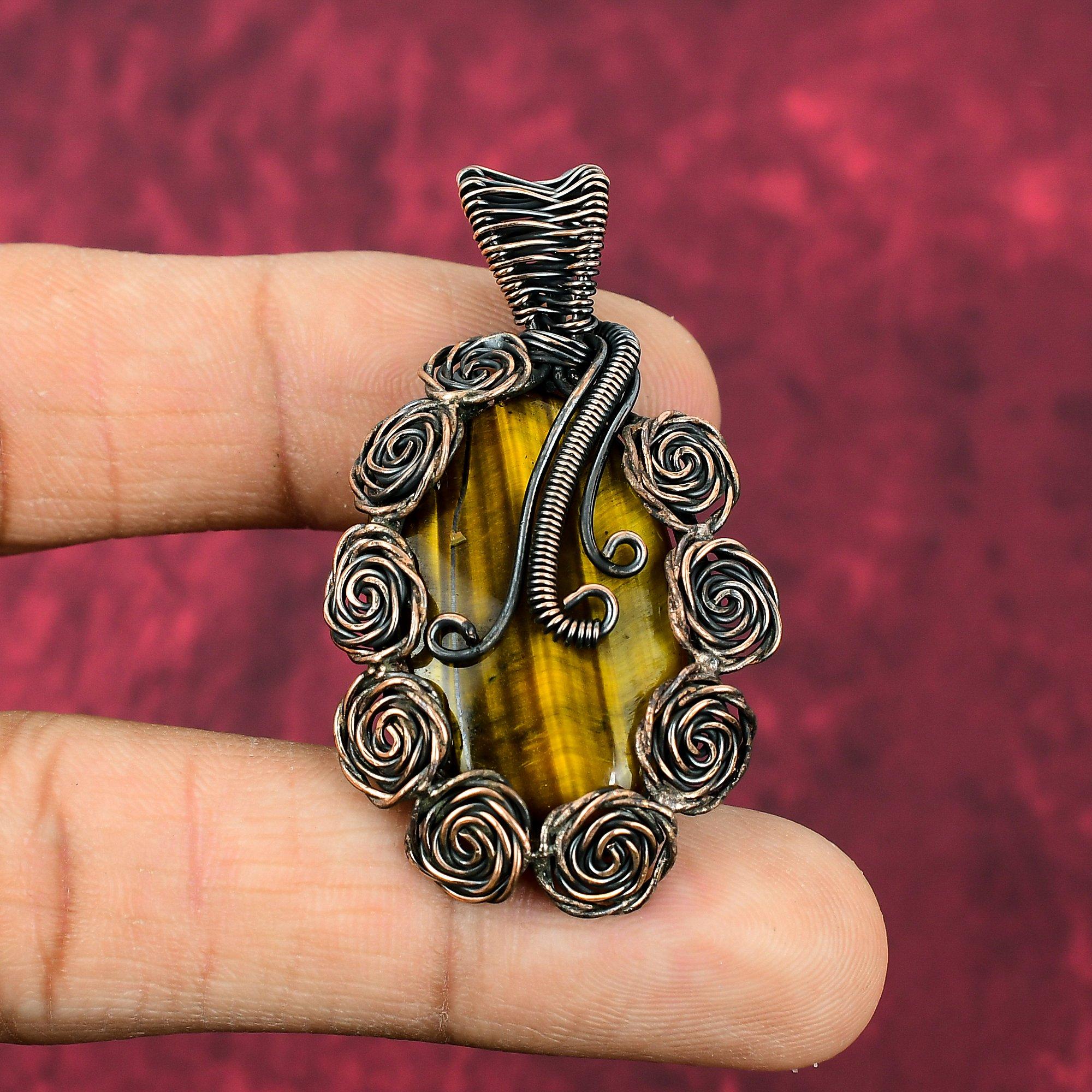 Tiger s Eye Pendant Copper Wire Wrapped Pendant Genuine Gemstone Jewelry Handmade Pendant Antique Copper Jewelry Gift For Her Flower Pendant