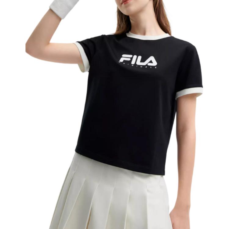 FILA Original Color Block Letter Sports Crew Neck Pullover Breathable Short Sleeve T-Shirt Women T-Shirts Black F11W429113FBK