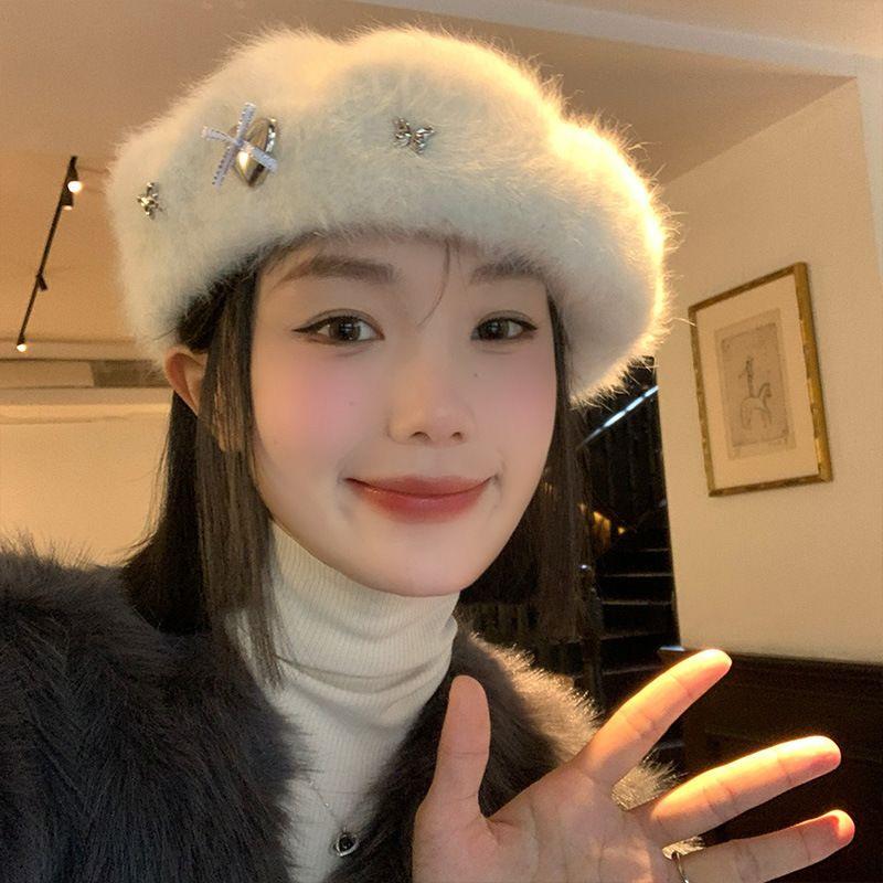 Women’s Hat Cute Bowknot Plush Beret - Winter's Versatile Painter Hat