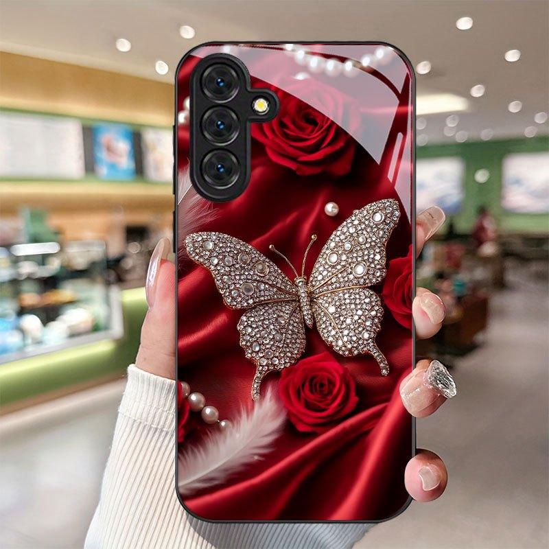 Pearl Rose and Feather Pattern Tempered Glass Phone Case Suitable for Samsung Galaxy S26 S25 S24 S22 S21 S20 FE/Ultra/Plus