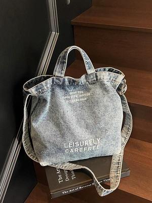 2025 Torba Crossbody Retro Denim o Dużej Pojemności z Nadrukiem Literowym - Styl Koreański dla Kobiet