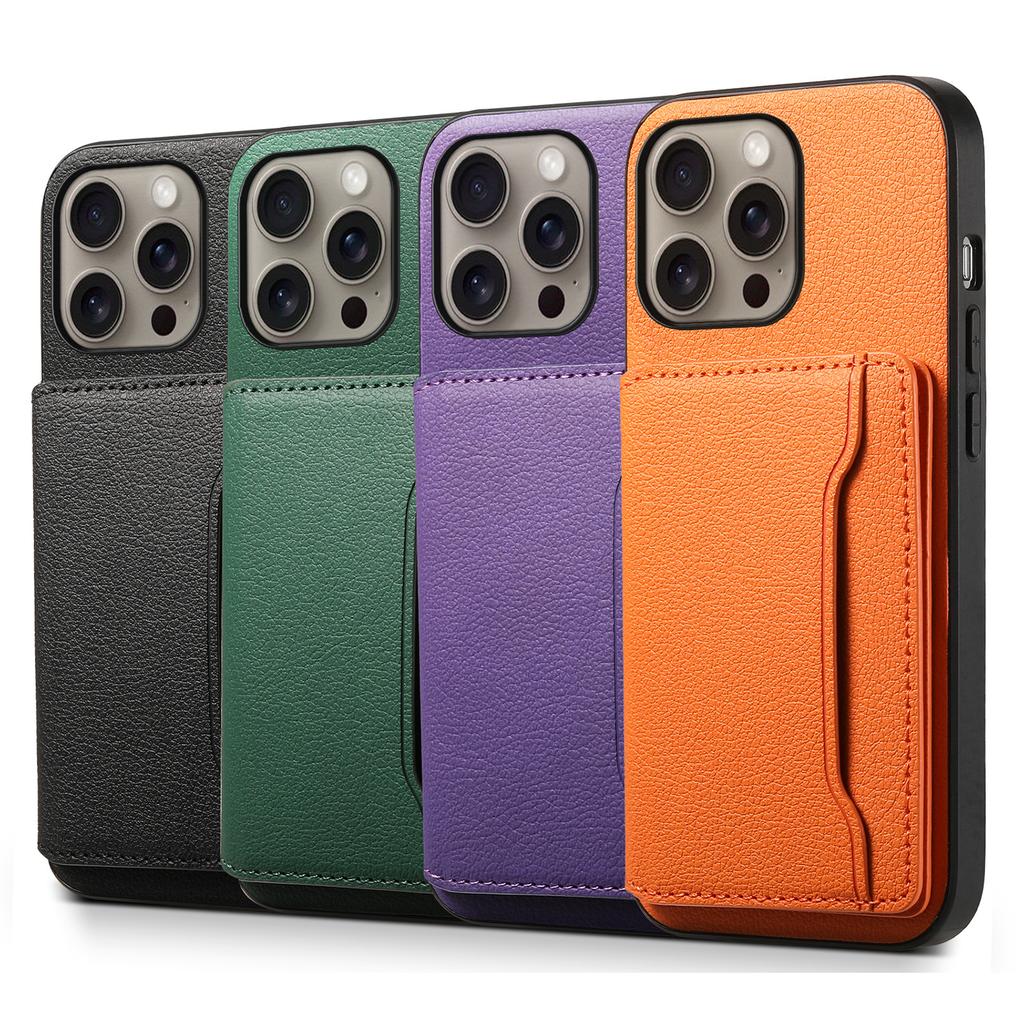 For iPhone 16 Pro Case Card Holder Kickstand Leather Coated PC+TPU Phone Cover