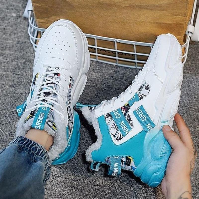 Youth Student Men's Winter Fleece Lined Thickened High Top Sneakers Trendy Lace Up Versatile Basketball Running Fashion Shoes