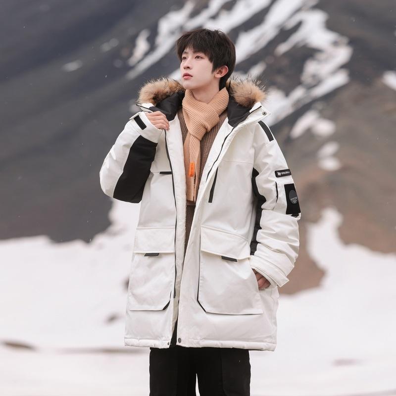 Down jacket hooded trendy fashion medium and long thickened warm couple winter new men's fur collar tooling
