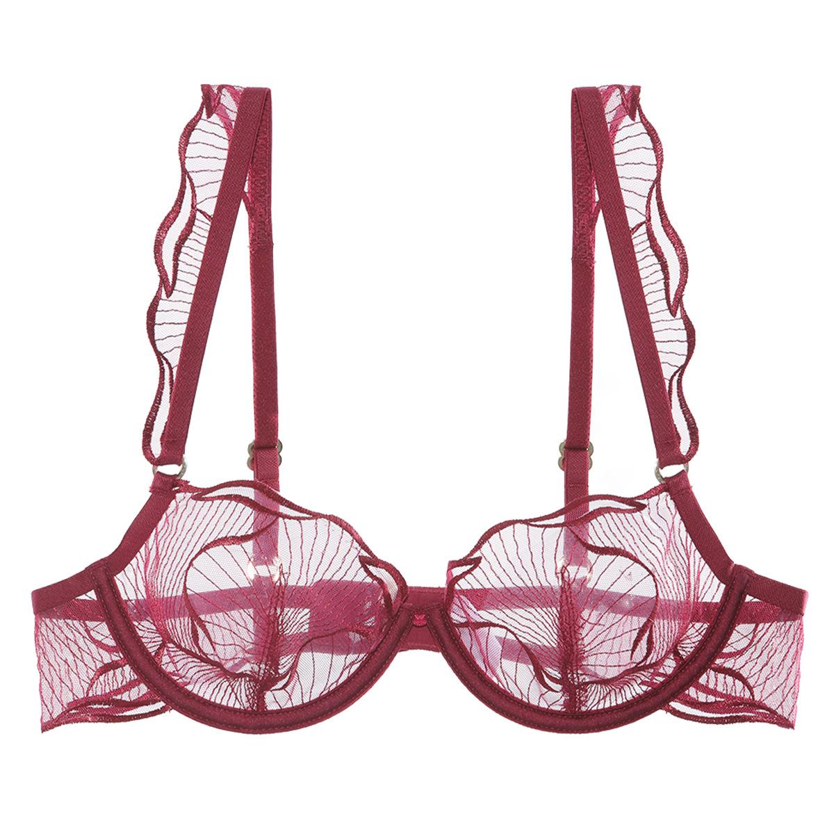 

Sexy underwear French ultra-thin embroidered lace erotic underwear large chest small anti-sagging large size bra cover S бордовий