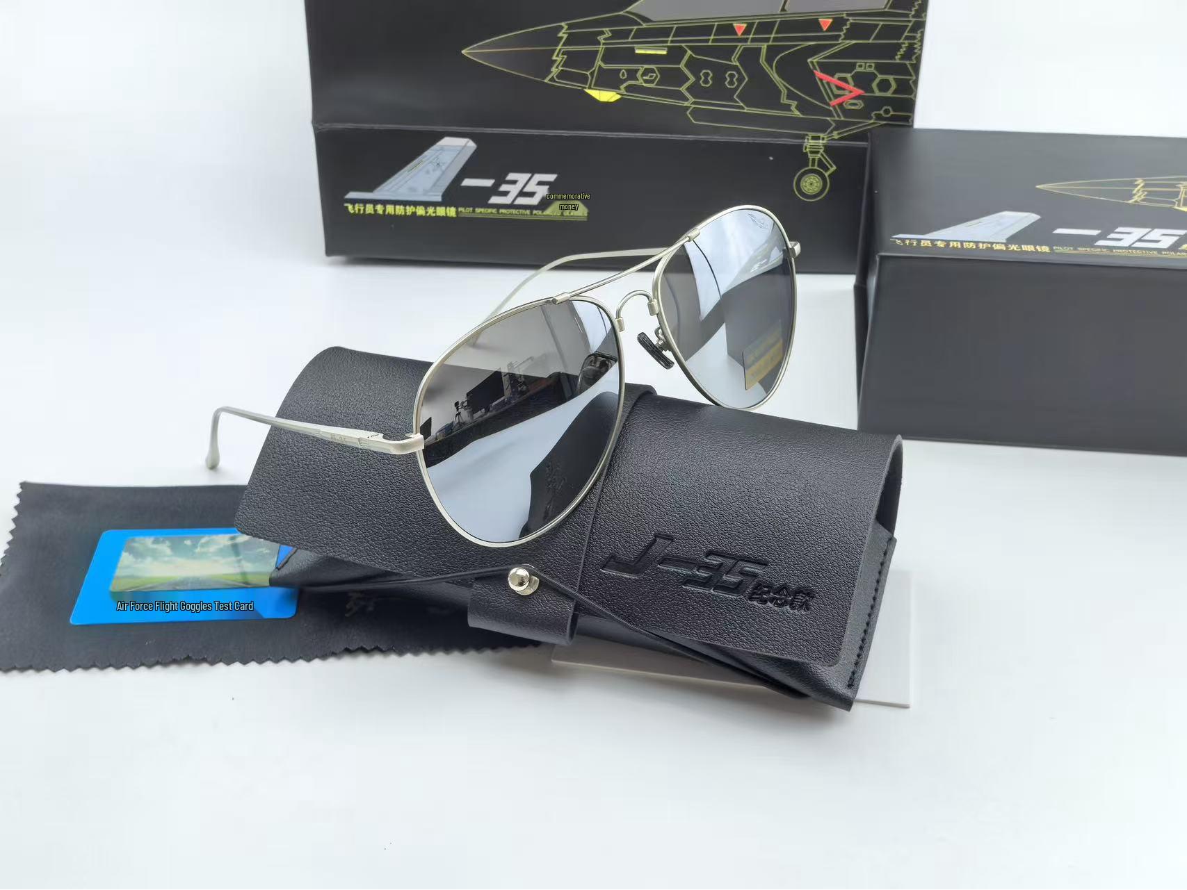 J-35 Commemorative Polarized Aviator Sunglasses with Bendable Bridge Memory Frame With Pouch Box, Cleaning Cloth, Test Card
