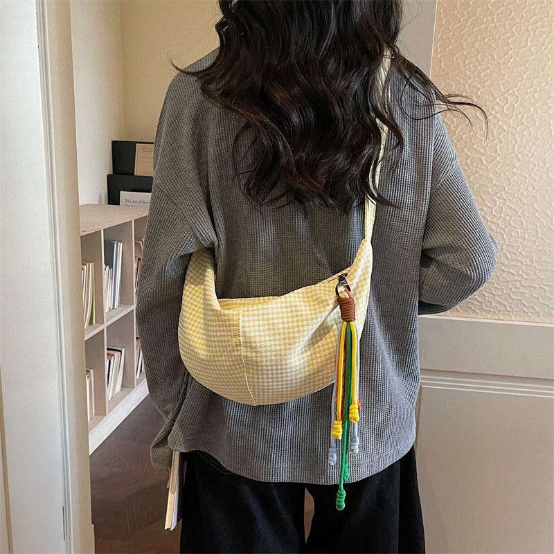 Korean Style Simple Plaid Canvas Messenger Bags Women Trend Large Capacity Zippers Shoulder Bag New Daily Casual Crossbody Bag