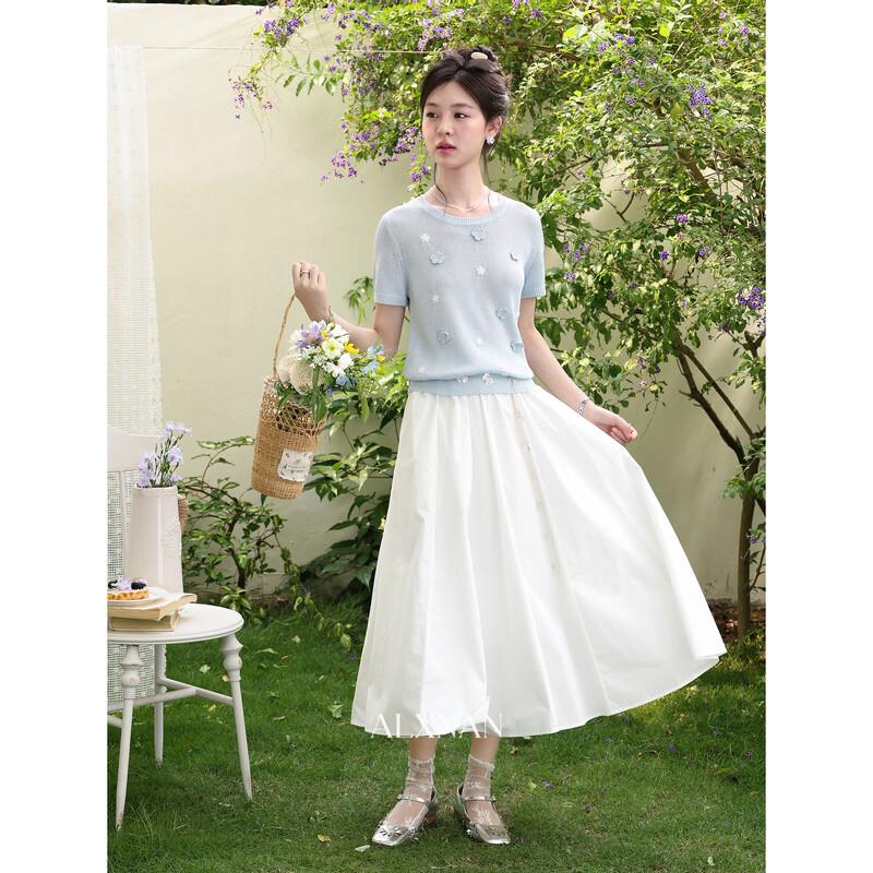 Luxiangnan Women's Blue Floral Knit Short Sleeve Top