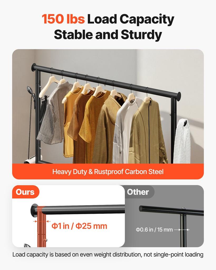Clothes Rack, Rolling Clothing Garment Rack with Adjustable Crossbar and Side Hooks, 68 kg Load Capacity, Heavy Duty Carbon Steel Clothing Racks with