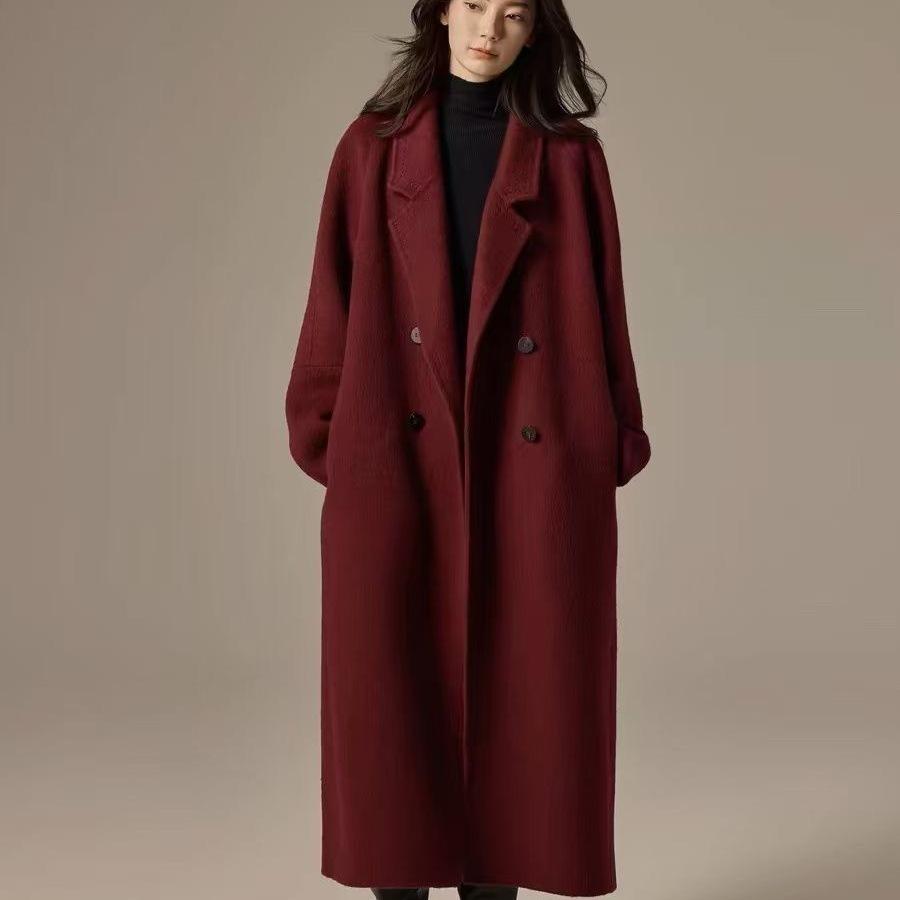 Suit Collar Woolen Coat Women's Autumn and Winter New Double-breasted Temperament Long Knee-length Woolen Coat
