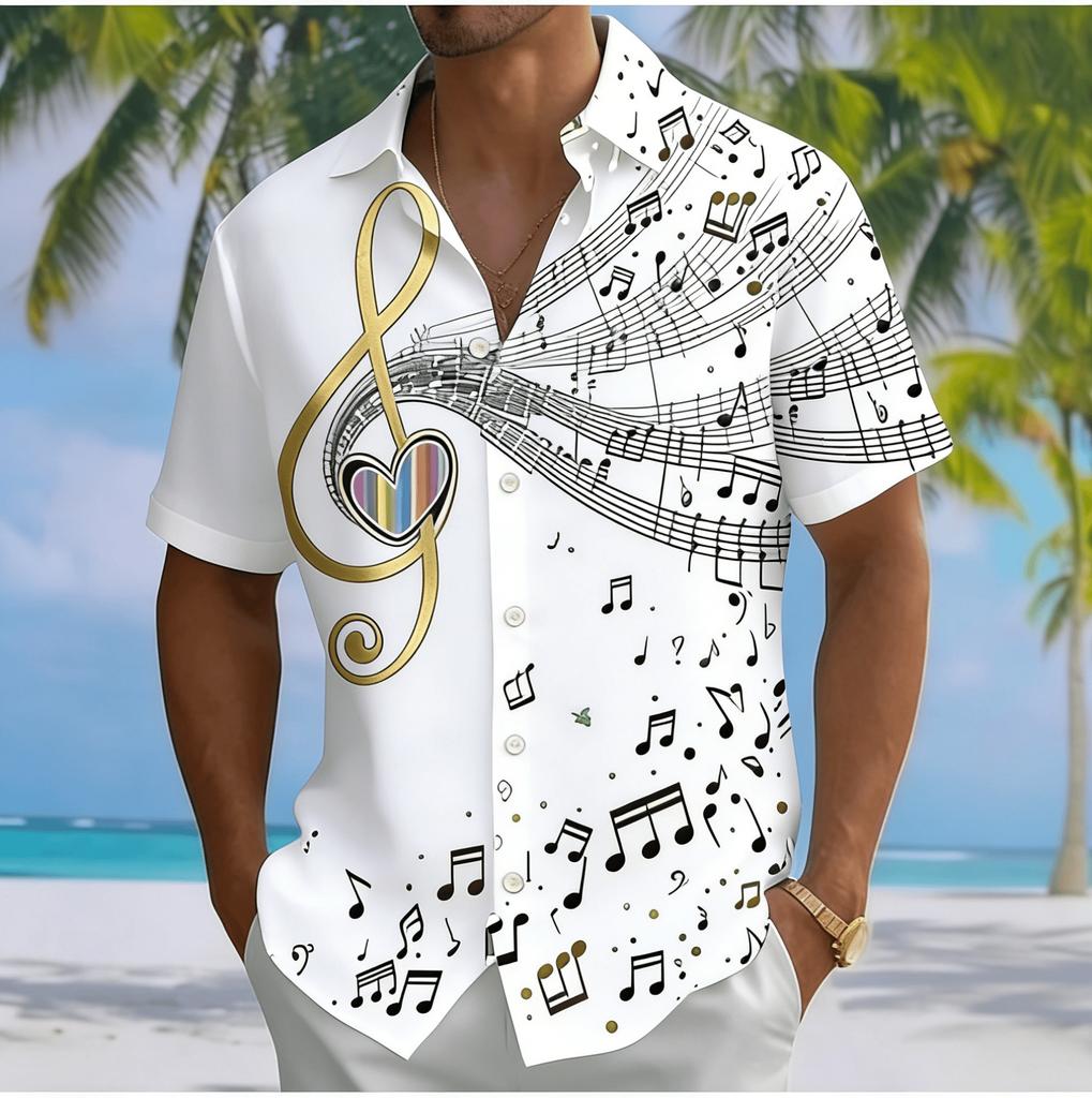 Men's Music Note Treble Clef Print Short Sleeve Shirt, Spring Summer Music Themed Fun Vacation Blouse, Loose Casual Top