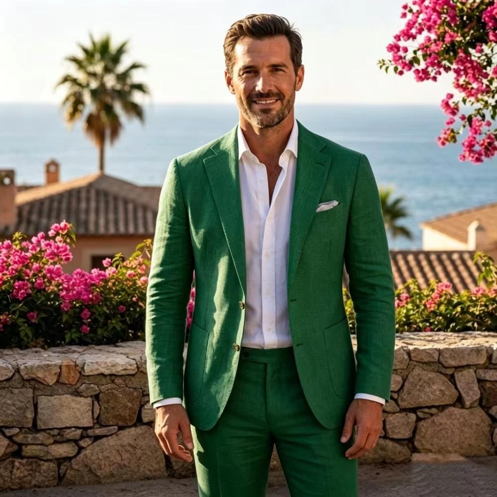 Sage Green Linen Men Suits 2 Pieces Slim Fit Blazer Trousers Breathable Lightweight Fabric Casual Wedding Business Office Wear
