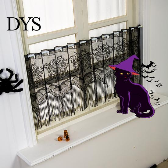 Rod Pocket Valance Halloween Lace Window Valance, Bat Skull Pattern Gothic with Fringes, Black Sheer Curtain for Kitchen Cabinet Decoration