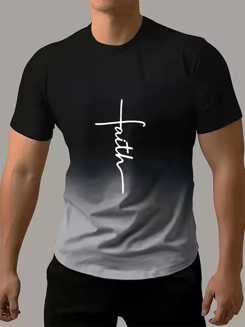 Trendy short-sleeve t-shirt with faith cross print, ideal for casual daily wear.