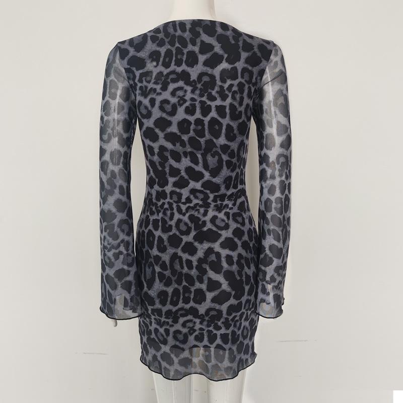 Damen Europäischer Sexy Stil Leopardenmuster Rüschen Langarm Rundhals Bodycon Minikleid