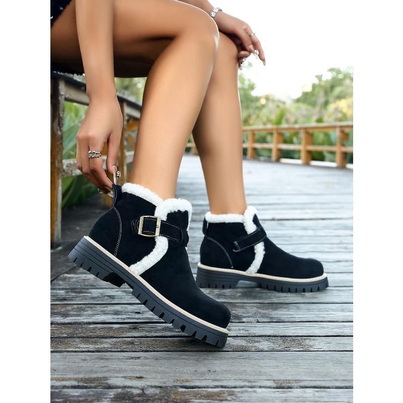 Fleece platform British style plus size cotton shoes women's 2025 winter new warm round toe buckle hairy booties