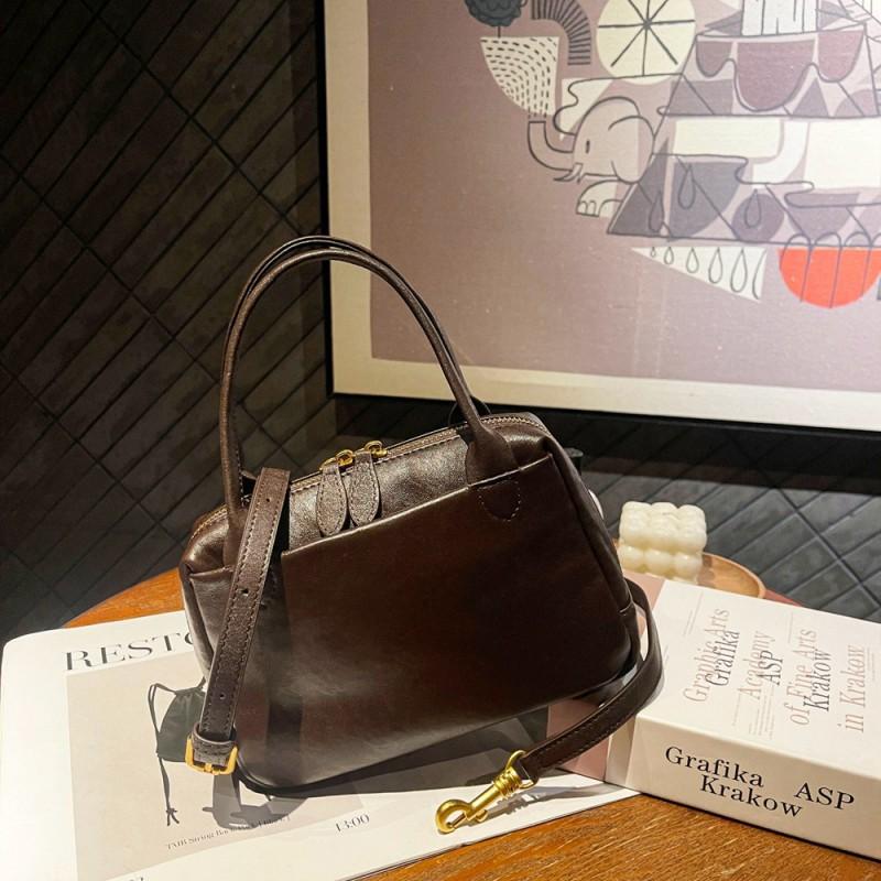Vegetable Tanned Cowhide Simple Boston Bag Women's Trendy Leather Retro Versatile Single Shoulder Crossbody