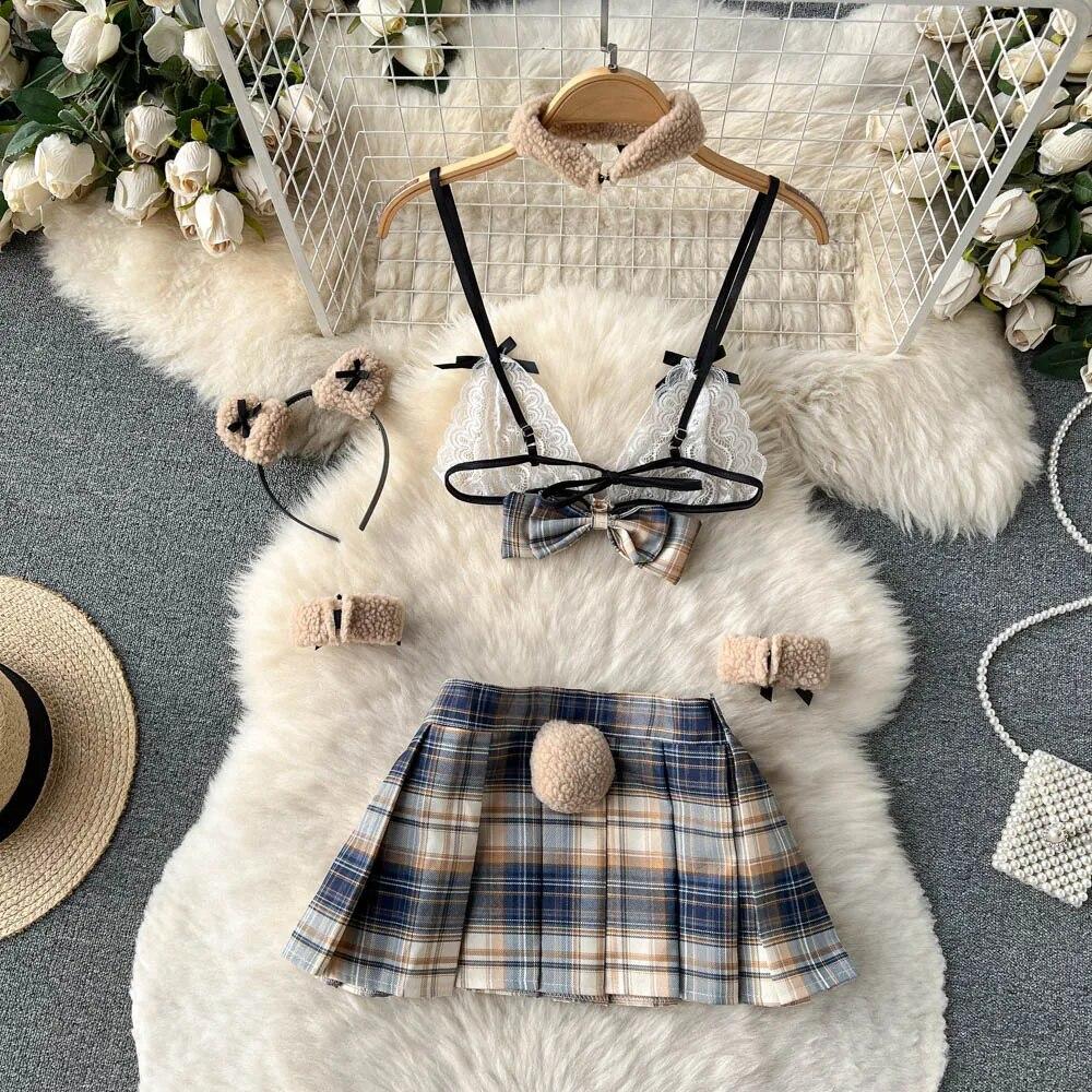 Sexy Plaid Japan Style Erotic Sets Women Pleated Short Skirt + Bow Strapless Lace Camis Female Sweet JK Uniform Lingerie Suits 2024