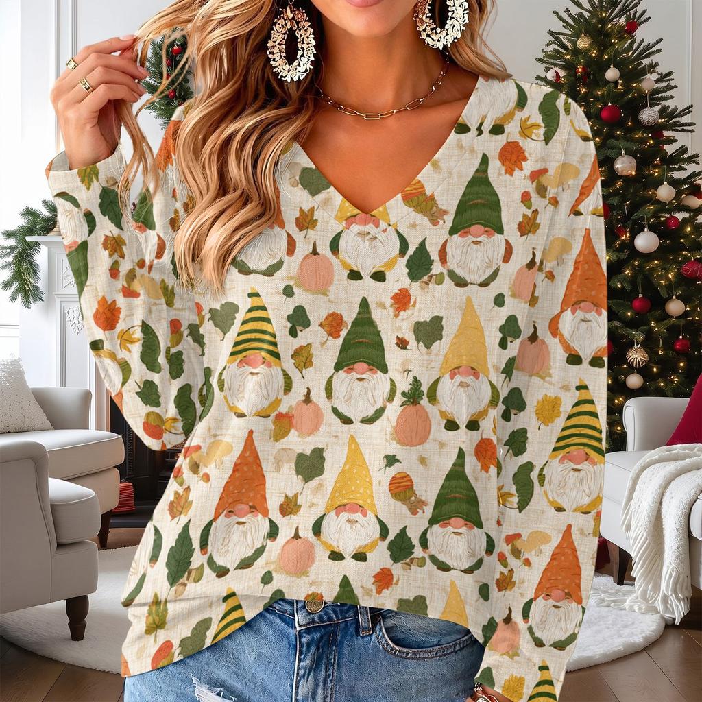 Women's V-Neck Long Sleeve Christmas Print Lightweight Blouse for Spring Summer