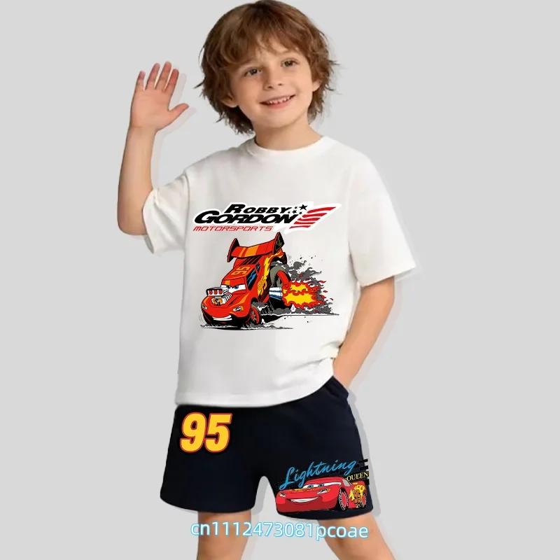 Cars of the Universe Cartoon Print Childrens Pure Cotton ShortSleeved Shorts Set for Summer TShirts 2Piece Boys Sports Shir 100