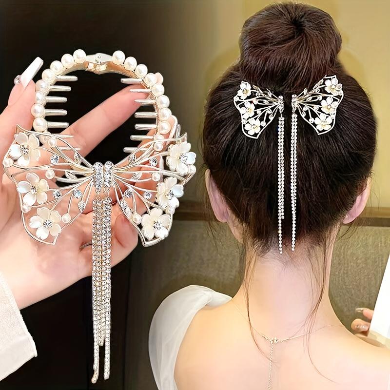 Exquisite Alloy Hair Clip Fine Hollow Out Butterfly Flower Imitation Pearl Hairpin Chic Rhinestone Tassel Ball Head Barrettes