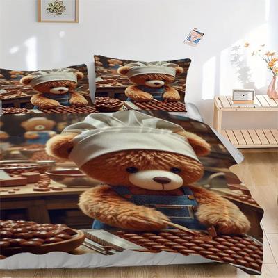 3-teiliges Anime-Teddybär-Bettwäscheset - Enthält einen Bettbezug und zwei Kissenbezüge (Kein Kern) - Heimdekoration, Weihnachtsgeschenk, Polyesterstoff, Ani