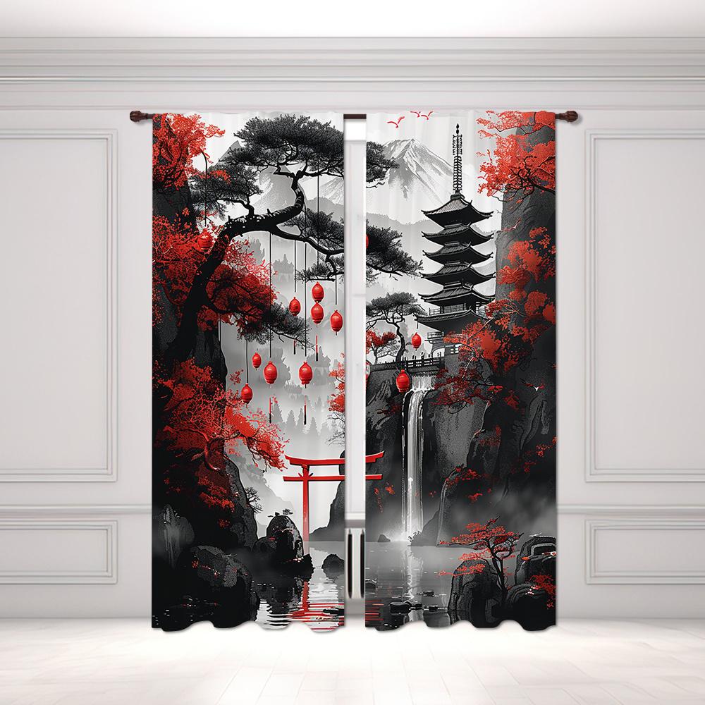2pcs Semi-Blackout Curtain Japanese Landscape & Torii Gate Design Polyester Woven Contemporary Style Machine Washable Rod Pocket