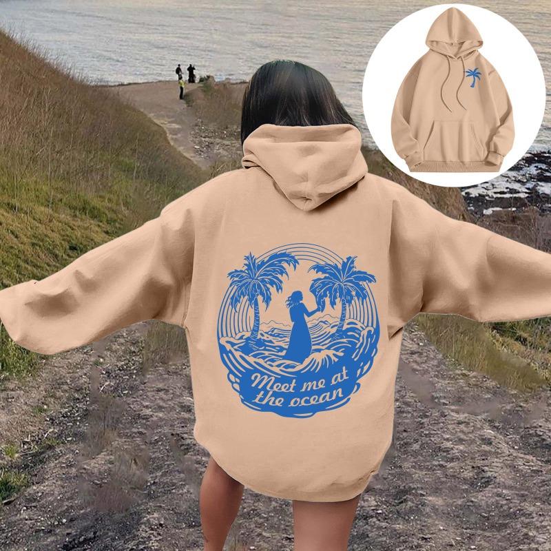 Women's Palm Tree Graphic Hoodies Meet Me At The Ocean Letter Print Pullover Hoodies Long Sleeved Female Streetwear Hoodie