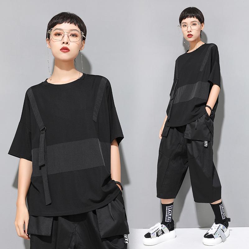 Evropské a americké dámské letní gotické patchworkové tričko, kulatý výstřih, krátký rukáv, trendy BF styl streetwear.