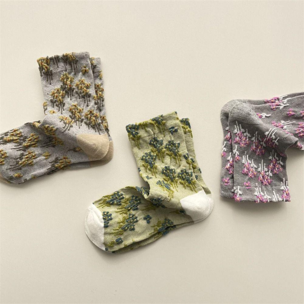 5Pairs Breathable Floral Short Socks Patchwork Retro Socks Comfortable Mid Tube Socks  Autumn