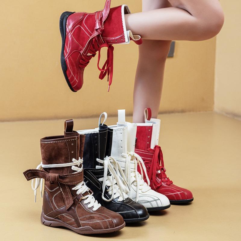 Fashion Spring Autumn Shoes Women Mid-Calf Boots Non-slip Retro Style Soft Comfortable High Top Ladies Height Increasing Shoes 5cm D528