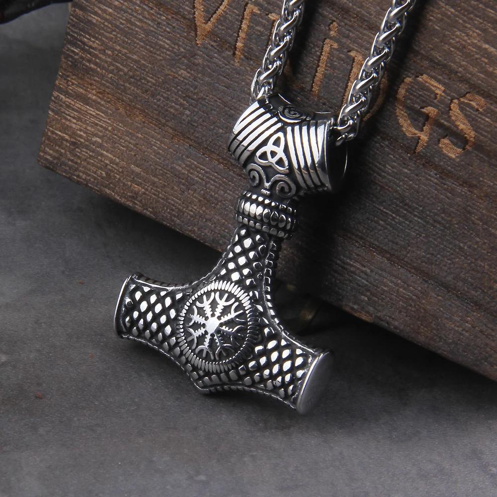 Fashion Valknut Viking Thor's Hammer Pendant Necklace With keel Chain As Men Gift with wooden box
