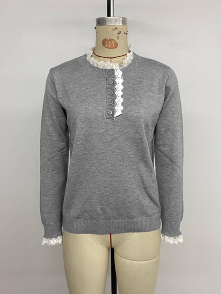 2025 Sweet Retro Women's Lace Patchwork Gray Sweater for Autumn/Winter