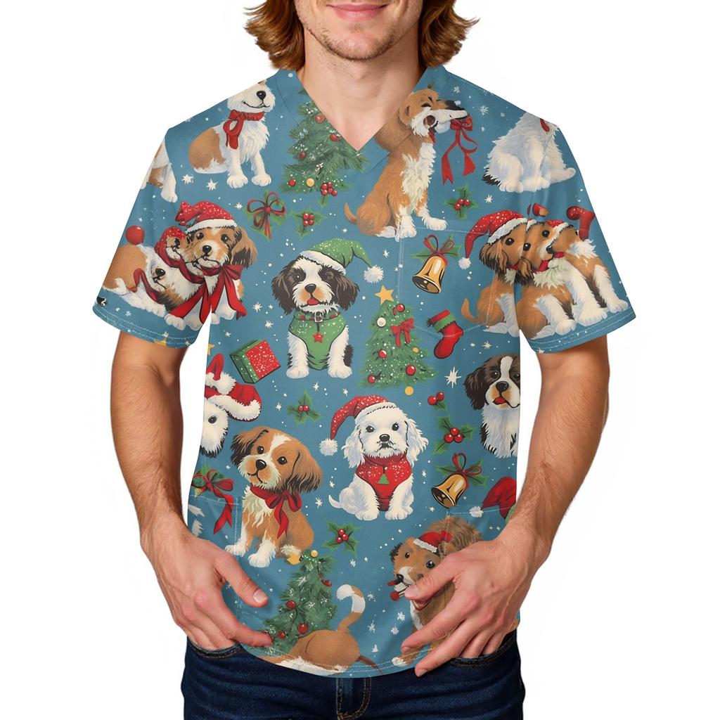 Herre Trykk Kortermet V-hals Arbeidsbluse Brystlomme Omsorgstopp