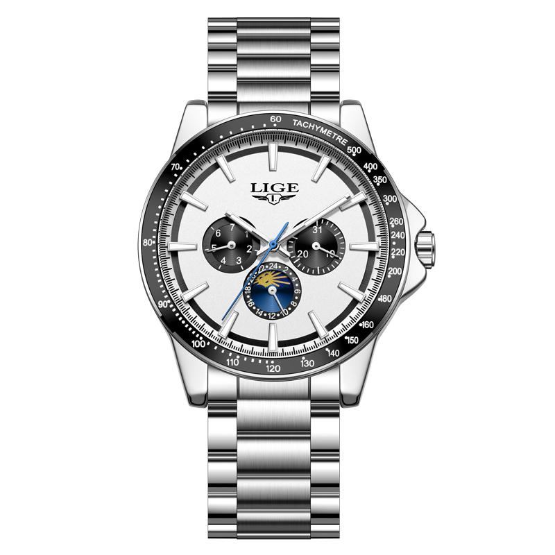 LIGE Top brand luxury watches mens Business Luminous Calendar Men's watches Moon phase Waterproof quartz watches for men reloj