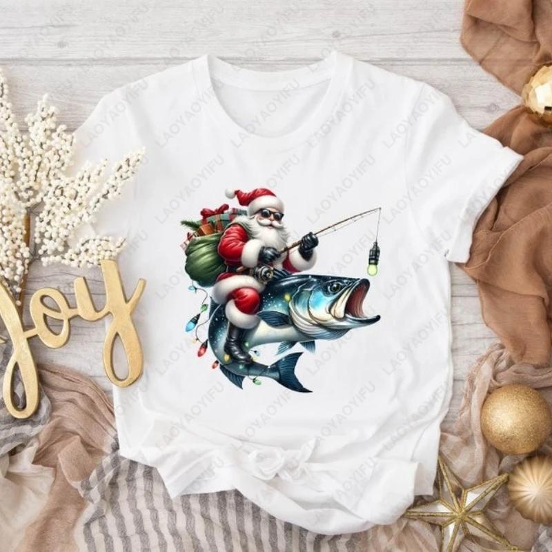 Fishing Santa Fisherman Winter Season Funny Holiday Tees Men Women Cotton Tops Groovy Christmas Best Fisher Holiday Gift Tshirt S